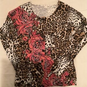 Boston Proper Pink and Brown Long Sleeve Bateau Neck Cardigan Sweater